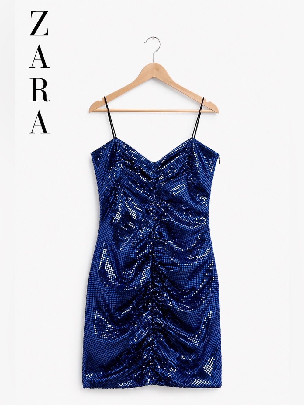 ZARA Blue Sequin Ruched Mini Dress NWT Size L | Party Cocktail Holiday Sparkle